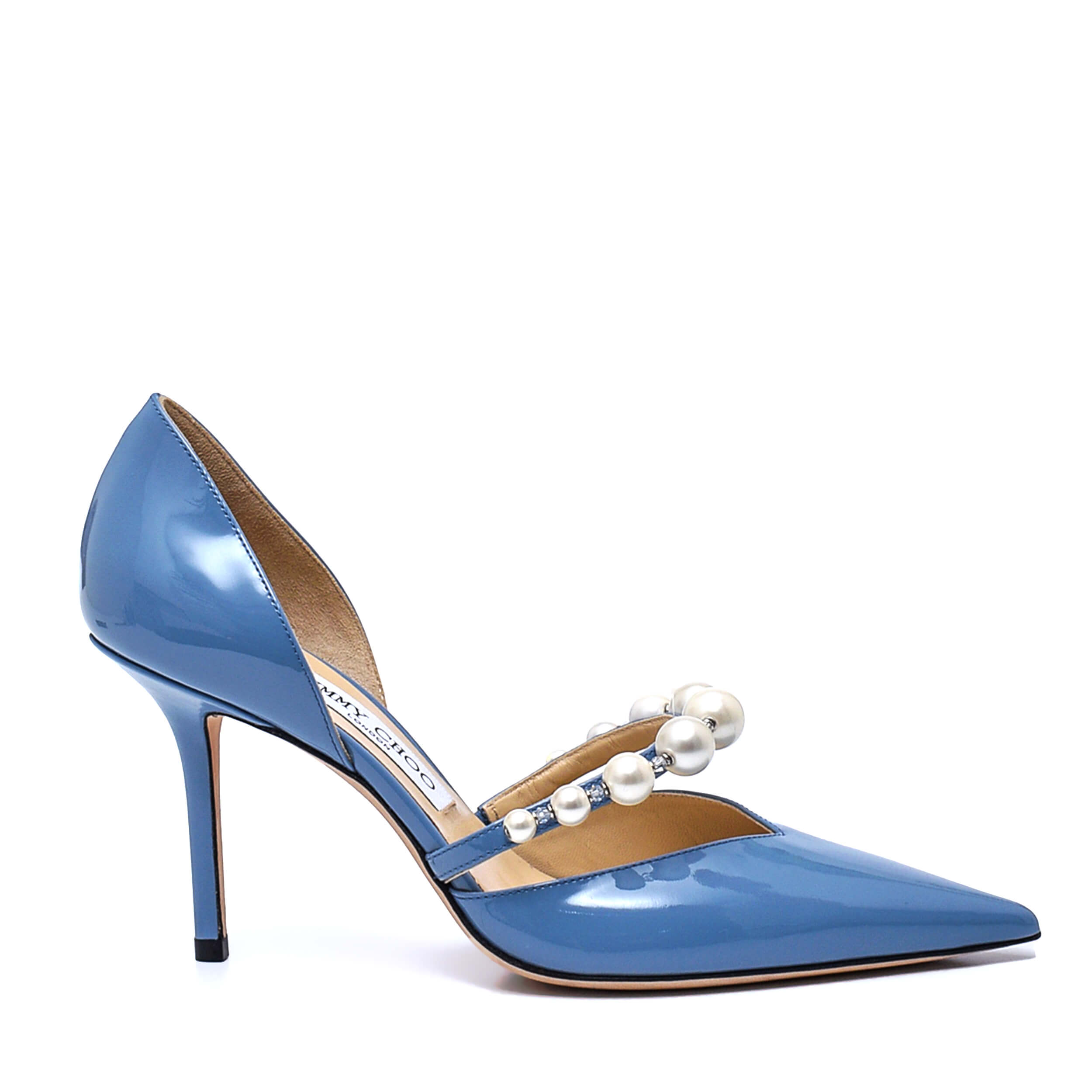 Jimmy Choo - Smoky Blue Leather Aurelie 85MM Embellished Pump / 38